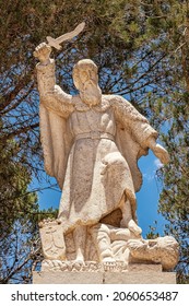 Haifa, Israel. June 17, 2021: Statue of prophet Elijah in Muhraka monastery of the Carmelite on the Carmel mount.