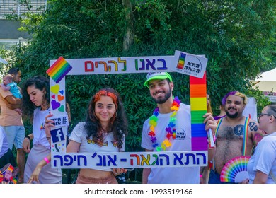 Haifa, Israel - June 18, 2021: People In Preparation To The Annual LGBTQ Pride Parade In Haifa, Israel. Post Covid-19 Celebration