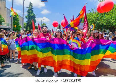 Haifa, Israel - June 18, 2021: People Are Marching In The Street At The Annual LGBTQ Pride Parade In Haifa, Israel. Post Covid-19 Celebration