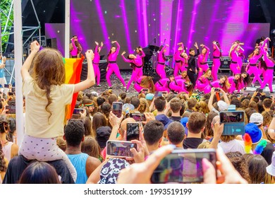 Haifa, Israel - June 18, 2021: Crowd Attend A Drag Dance At The Final Show Of The Annual LGBTQ Pride Parade In Haifa, Israel. Post Covid-19 Celebration