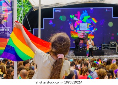 Haifa, Israel - June 18, 2021: A Crowd Of People Attend The Final Show Of The Annual LGBTQ Pride Parade In Haifa, Israel. Post Covid-19 Celebration