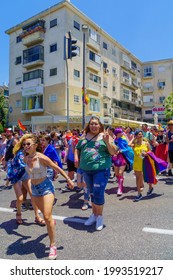 Haifa, Israel - June 18, 2021: People Are Marching In The Street At The Annual LGBTQ Pride Parade In Haifa, Israel. Post Covid-19 Celebration