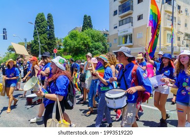 Haifa, Israel - June 18, 2021: People Are Marching And Play Music In The Street At The Annual LGBTQ Pride Parade In Haifa, Israel. Post Covid-19 Celebration