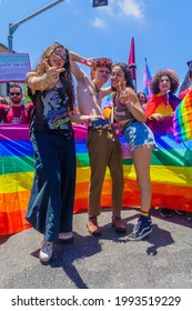 Haifa, Israel - June 18, 2021: Participants Of The Annual LGBTQ Pride Parade In Haifa, Israel. Post Covid-19 Celebration