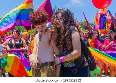 Haifa, Israel - June 18, 2021: Participants Of The Annual LGBTQ Pride Parade In Haifa, Israel. Post Covid-19 Celebration