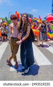 Haifa, Israel - June 18, 2021: Participants Of The Annual LGBTQ Pride Parade In Haifa, Israel. Post Covid-19 Celebration