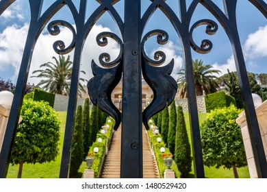 Haifa, Israel / June 21, 2019: Bahai Gardens. The Terraces Of The Bahai Faith, Also Known As The Hanging Gardens Of Haifa, Are Garden Terraces Around The Shrine Of The Bab On Mount Carmel. Metal Gate.