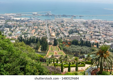 Haifa, Israel / June 21, 2019: Bahai Gardens. The Terraces Of The Bahai Faith, Also Known As The Hanging Gardens Of Haifa, Are Garden Terraces Around The Shrine Of The Bab On Mount Carmel. Top View.