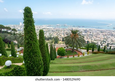 Haifa, Israel / June 21, 2019: Bahai Gardens. The Terraces Of The Bahai Faith, Also Known As The Hanging Gardens Of Haifa, Are Garden Terraces Around The Shrine Of The Bab On Mount Carmel. Top View.