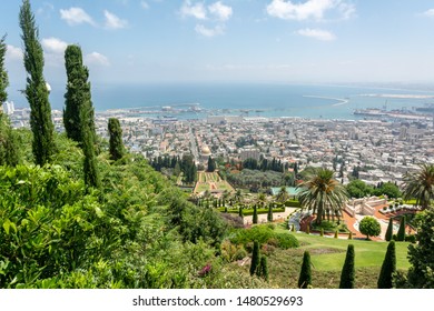 Haifa, Israel / June 21, 2019: Bahai Gardens. The Terraces Of The Bahai Faith, Also Known As The Hanging Gardens Of Haifa, Are Garden Terraces Around The Shrine Of The Bab On Mount Carmel. Top View.