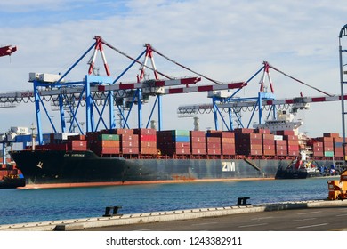 Haifa, Israel - November 27 2018 : STS cranes above container ship 