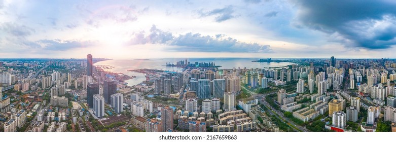 Haikou City Skyline Panoramic View, Hainan Province, the Largest Pilot Free Trade Zone in China, Asia.