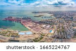 Haikou Cityscape in The Xiuying Container Port Area, Haikou Bay, Hainan Province, China. Aerial View.