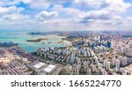 Haikou Cityscape in The Xiuying Container Port Area, Haikou Bay, Hainan Province, China. Aerial View.