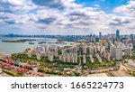 Haikou Cityscape in The Xiuying Container Port Area, Haikou Bay, Hainan Province, China. Aerial View.