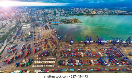 Haikou, Hainan, China - June 26th 2022: Aerial View of Haikou Port Container Terminal, the Main Transportation Hub for Hainan Free Trade Zone of China, Asia.
