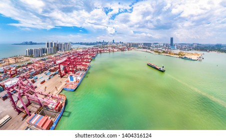 Haikou, Hainan, China - May 15th 2019: Haikou Xiuying Port Container Terminal Aerial View, The Main Transportation Hub for Hainan Free Trade Zone of China