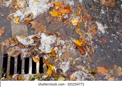 Hail, fall leaves and debris block up sewer hole restricting runoff flow.