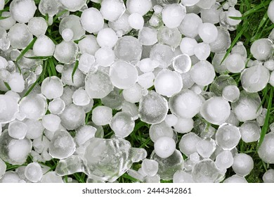 Hail on grass in close up