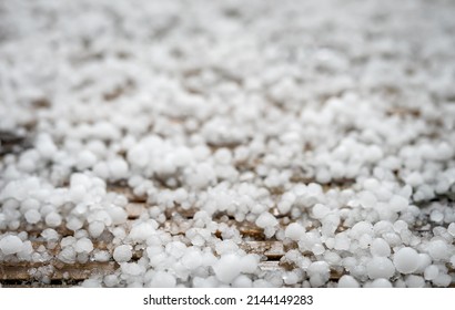 Hail On The Terrace, Bad Weather. Hailstorm In The Spring.