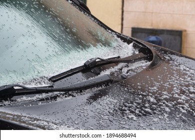 Hail On The Windshield Of A Car During Winter In Brittany