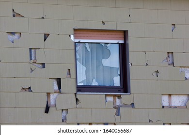  Hail And Storm Damage At House Wall, Stormy Weather, Holes In Exterior Siding In Home From Damage By Hail Storm , Climate Change, Danger