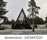 Hailuoto, Finland, November 20 2021. Hailuoto Church was completed in 1972. It was designed by architects Irma and Matti Aaltonen. End wall made of glass. 