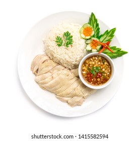 Hainanese Chicken Rice Steamed With Soya Sauce Decorate Cucumber Carved Fusion Food Chinese And Thai Mix Style The Best Food Popular In Thailand Top View Isolated On White Background