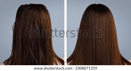 Hair care. Before and after washing hair on a gray background. Rear view.