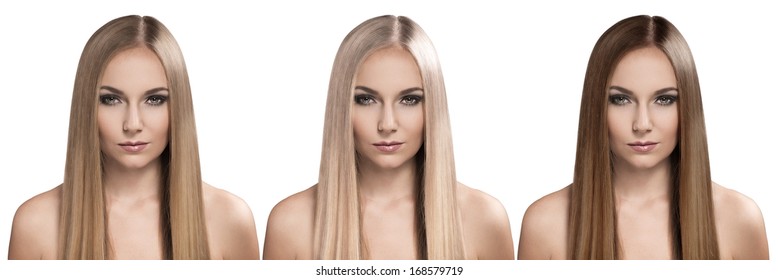 Hair care and coloring. Attractive Caucasian woman with long straight hairstyle.