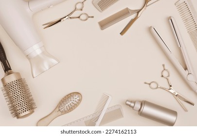 Hair care and hairdresser products with copy space in center - Powered by Shutterstock