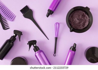 Hair Care, Styling And Coloring Products With Hair Dye Tools. Top View, Flat Lay