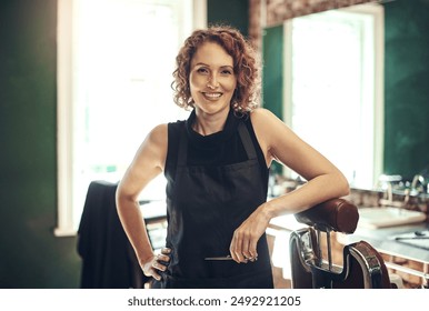 Hair care, tools and portrait of happy woman in barbershop for stylist, hairdresser or small business owner. Confidence, about us and female barber with smile, scissors or professional pride in salon - Powered by Shutterstock