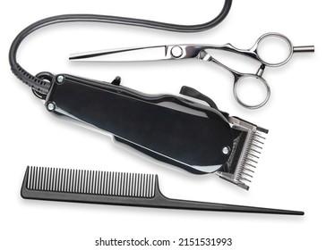 Hair Clipper, Scissors, Comb. Professional Barber Hair Clipper And Shears For Men Haircut. Hairdresser Salon Equipment. Premium Hairdressing Accessories. Top View Flat Lay Isolated On White Background