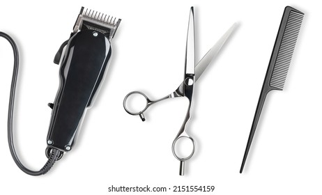 Hair clipper, Scissors, comb. Professional barber hair clipper and shears for Man haircut. Hairdresser salon equipment. Premium hairdressing Accessories. Top view flat lay isolated on white background - Shutterstock ID 2151554159