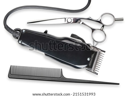 Hair clipper, Scissors, comb. Professional barber hair clipper and shears for Men haircut. Hairdresser salon equipment. Premium hairdressing Accessories. Top view flat lay isolated on white background