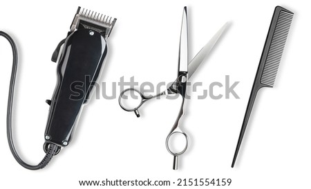 Hair clipper, Scissors, comb. Professional barber hair clipper and shears for Man haircut. Hairdresser salon equipment. Premium hairdressing Accessories. Top view flat lay isolated on white background