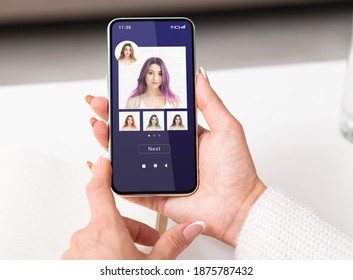 Hair Color Simulation. Woman Trying Different Hairstyles With Beauty App In Smartphone, Female Using Online Application With Augmented Reality Makeup Simulation, Creative Collage, Closeup - Powered by Shutterstock