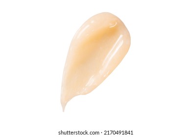 Hair Conditioner Cream Swatch Smear On White Background. Yellow Cosmetic Lotion Moisturiser Sample Closeup. Body Care Balm, Retinol Serum, Shampoo Wavy Texture. Skincare Mask, Creamy Cleanser Product