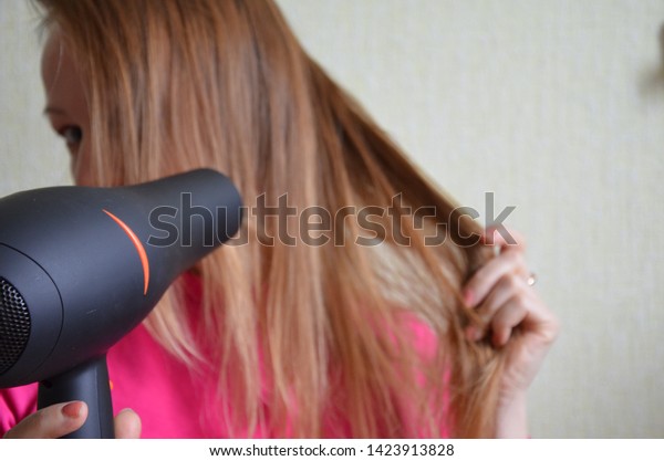 Hair Dryer Beautiful Smiling Girl Long Stock Image Download Now
