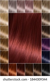 Hair Dye Shades. Hair Color Palette With A Wide Range Of Swatches Showing Color Swatches Arranged In Neat Rows On A Postcard. Printing. A Set Of Hair Dyes. Various Colors. Red