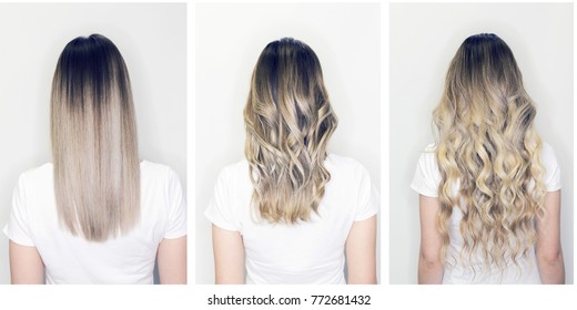Hair extension or wig step by step tutorial. Blonde long hair with balayage or ombre hairstyle. Back view of beautiful woman with curly volume hair