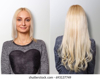 Hair extensions procedure. Hair before and after.