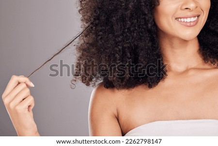 Hair in hands, beauty and face of black woman with smile for wellness, natural growth and curly style. Salon aesthetic, luxury cosmetics and happy girl holding strand for healthy keratin treatment