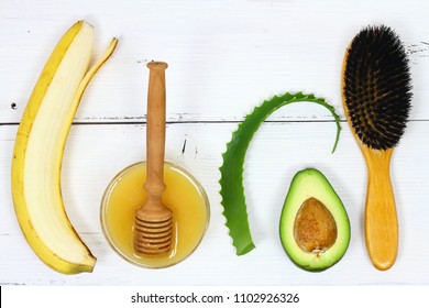 Hair Mask Fron Banana, Honey, Avocado And Aloe Vera.  Ingredients For Hair Mask On The White Board, Top View  