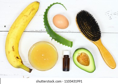 Hair Mask Fron Banana, Honey, Aloe, Avocado, Egg. Ingredients For Hair Mask On The White Board, Top View  