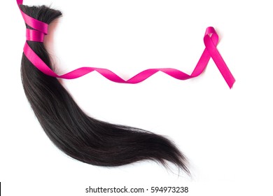 Hair With Pink Satin Ribbon Isolated On White Background