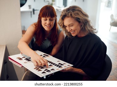 Hair salon, color catalog and consultation with woman client consultation, decision and planning advice with professional stylist in hairdresser barbershop. Beauty, cosmetics and dye treatment folder - Powered by Shutterstock