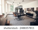 Hair salon, interior and design for small business with furniture, mirror and cleaning service for luxury wellness. Store, reflection and startup with tools, equipment and treatment for barber care