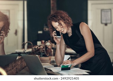 Hair salon, smile and woman with phone call by book for client, appointment and booking information. Small business, stylist and person with tech by paper for availability, check and customer support - Powered by Shutterstock